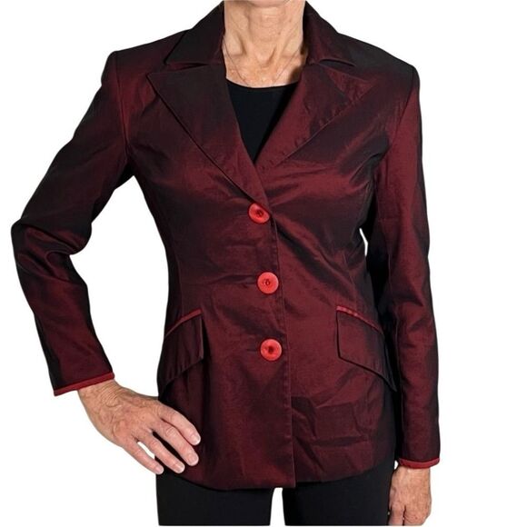 Y2K Bisou Bisou Red Satin Iridescent Metallic Fitted Tuxedo Blazer Jacket XS - Picture 1 of 16